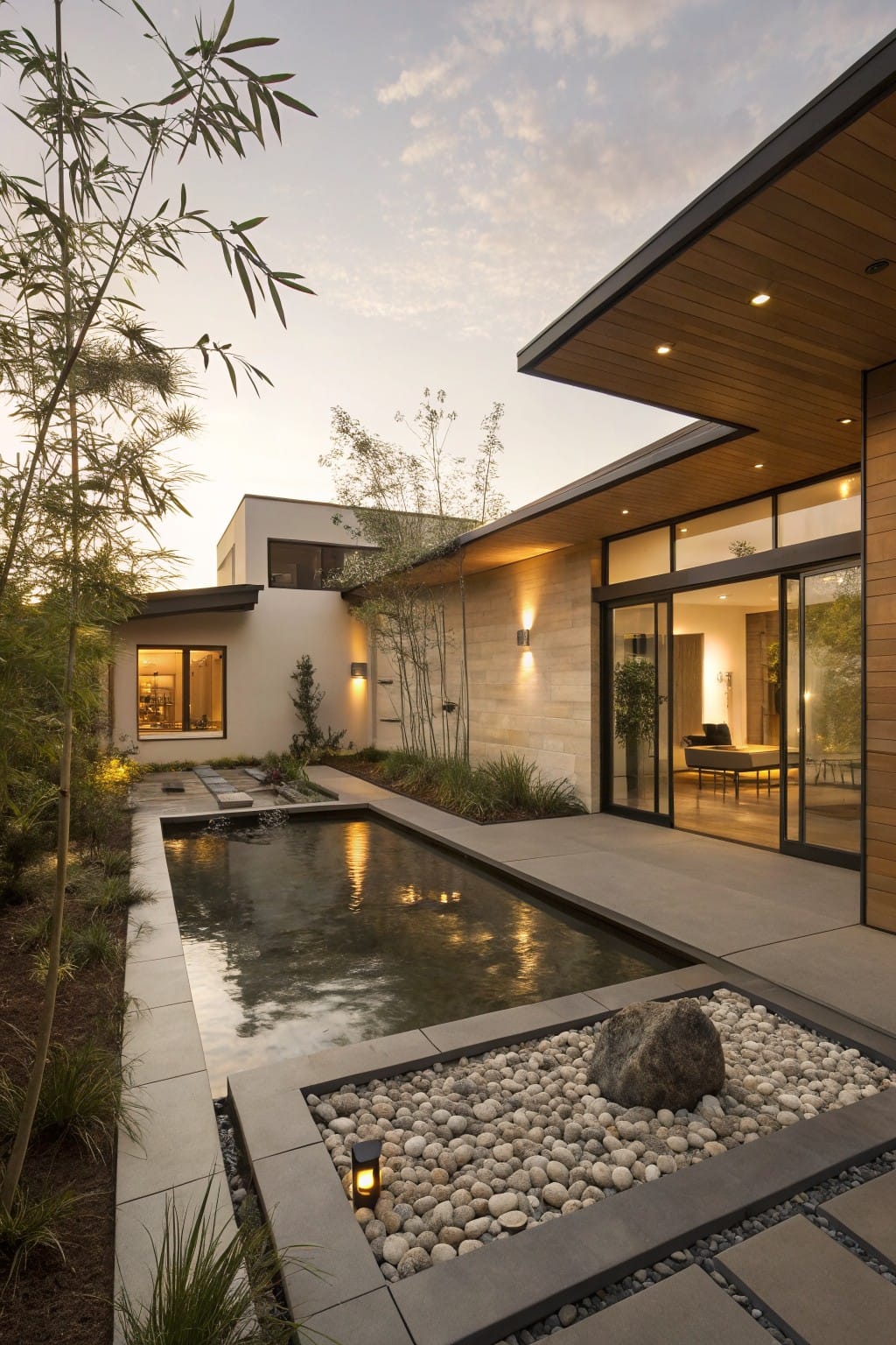Modern backyard patio with a narrow rectangular reflecting pool edged in concrete and filled with white pebbles and a large rock, flanked by bamboo plants and adjacent to large glass doors on a stucco and wood house.