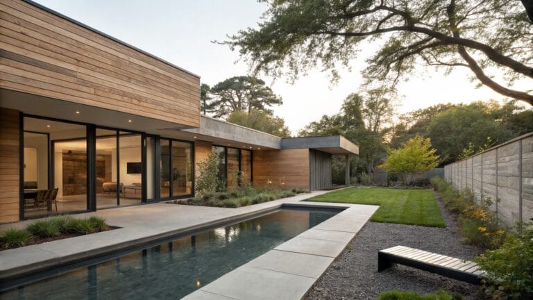 Modern house with dark wood cladding and large glass doors opening to a gray slate patio, narrow rectangular reflecting pool edged in stone and surrounded by gravel and plants, wooden daybed nearby, trees and fence in background.