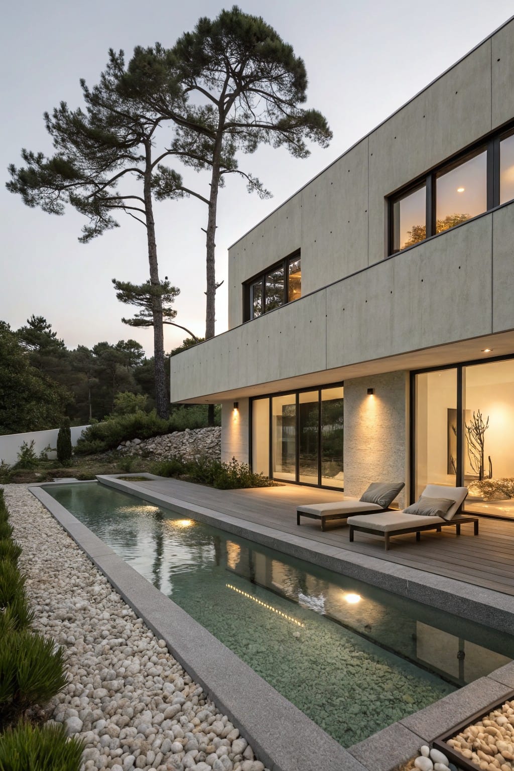 Modern beige concrete house with large glass windows and doors, wooden deck holding two loungers, narrow lit pool edged in stone, pine trees, shrubs, and gravel landscaping at dusk.