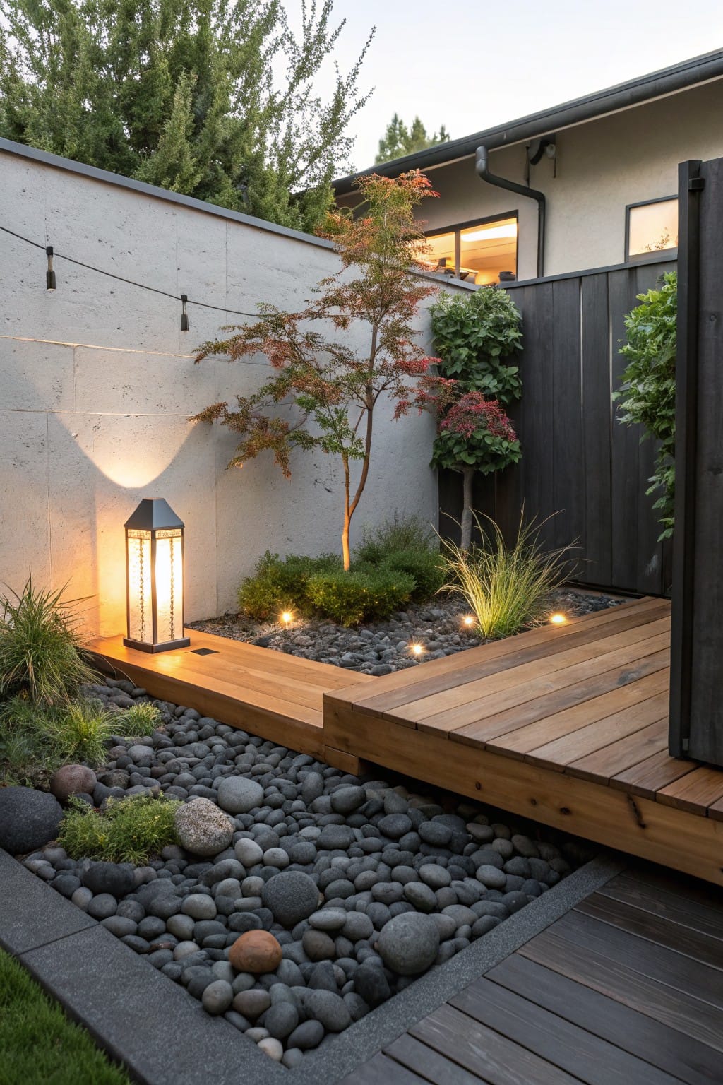 Corner of a backyard with light wood deck bordering dark gravel garden containing pebbles, rocks, grasses, and a small red maple tree, plus a lit lantern and string lights against a beige stucco wall and dark wood fence.
