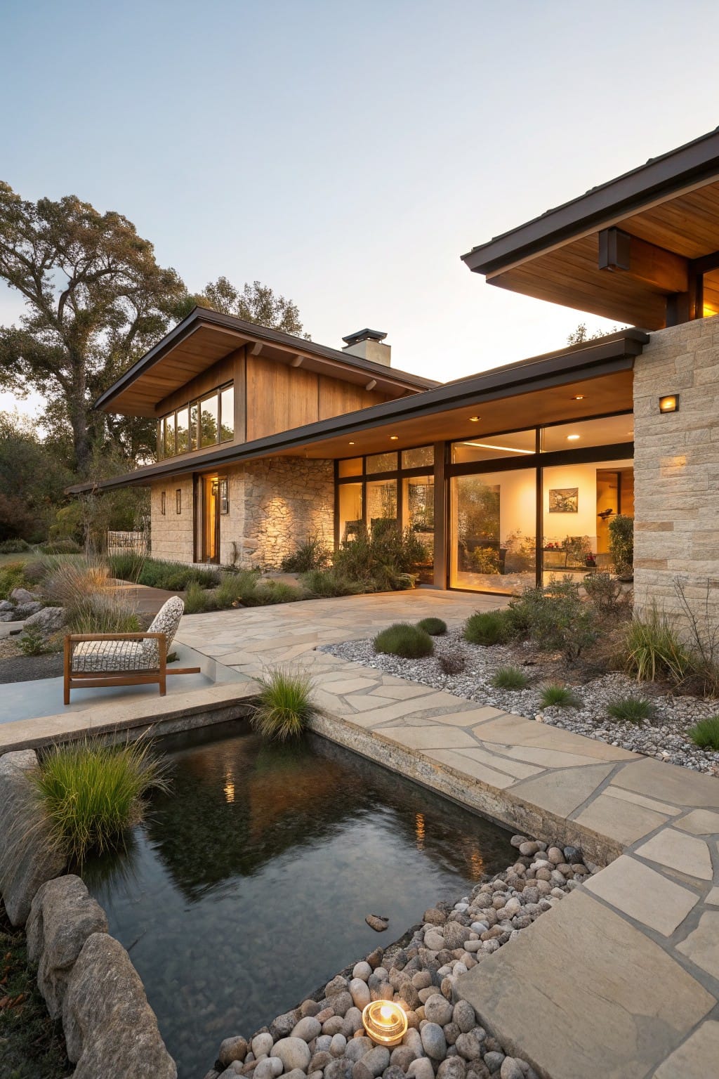 Modern backyard patio area next to a stone and wood house, with a rectangular reflecting pond edged in rocks, irregular stone slab pathway, grasses, gravel, and a single lounge chair.