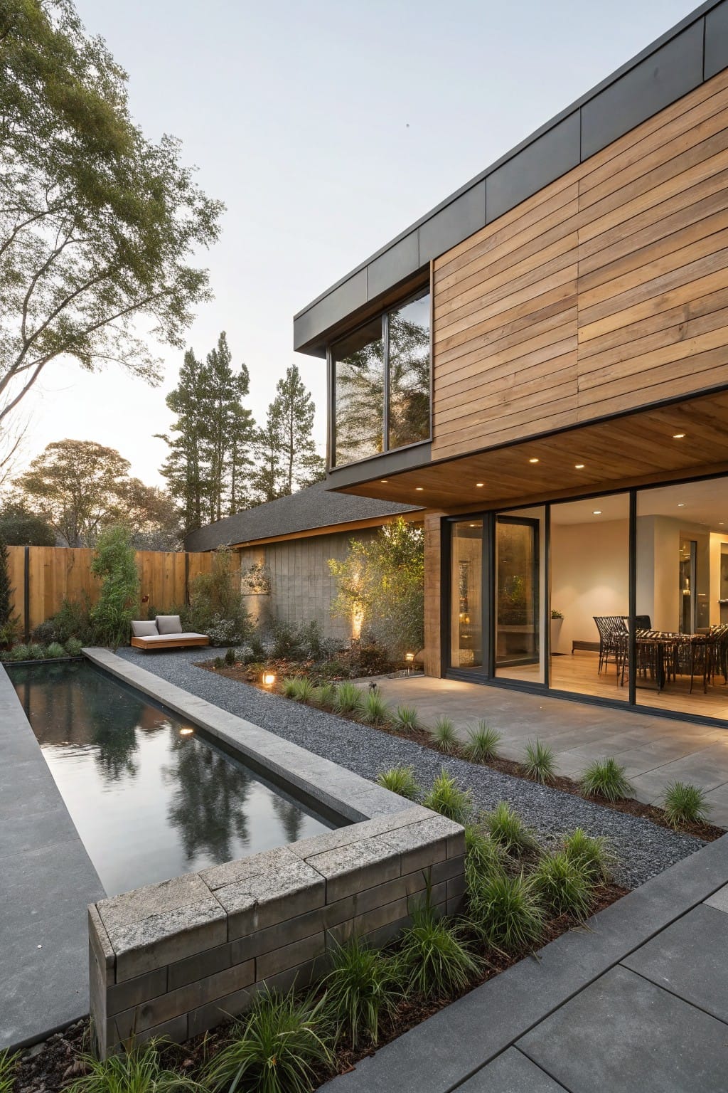 Modern house with dark wood cladding and large glass doors opening to a gray slate patio, narrow rectangular reflecting pool edged in stone and surrounded by gravel and plants, wooden daybed nearby, trees and fence in background.