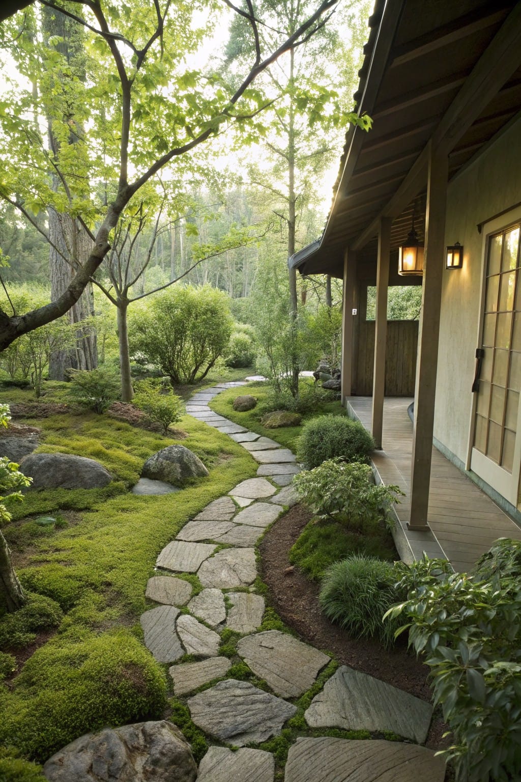 Wooden house with covered porch and shoji doors beside a winding path of irregular gray stepping stones set into green moss ground cover, surrounded by trees, shrubs, and rocks.