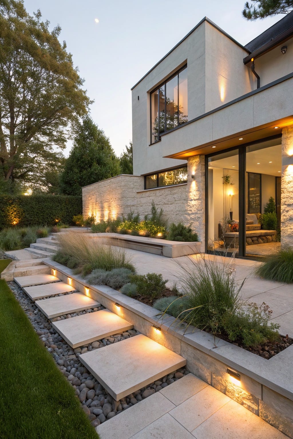 Modern backyard at dusk featuring large rectangular stone slabs forming a pathway with lighting beneath, surrounded by ornamental grasses and leading to a glass patio door on a contemporary house.