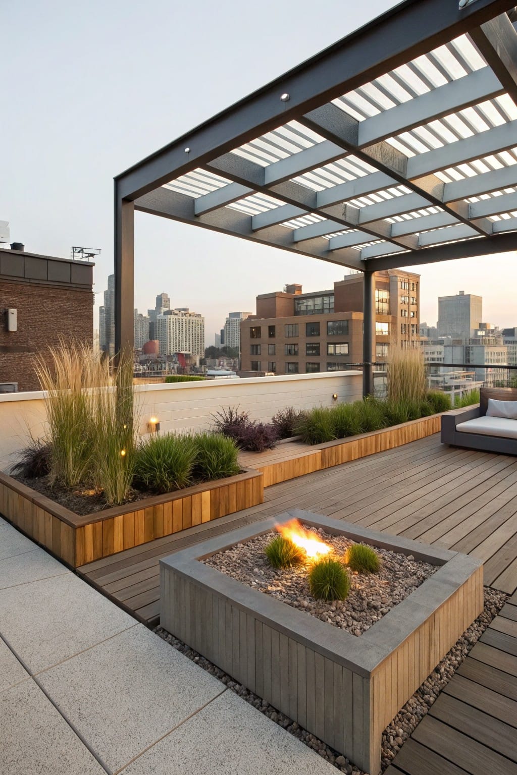 Rooftop terrace deck with raised wooden planters of tall grasses along the edge, concrete fire pit, lounge seating, metal slatted pergola overhead, and city buildings in the background.