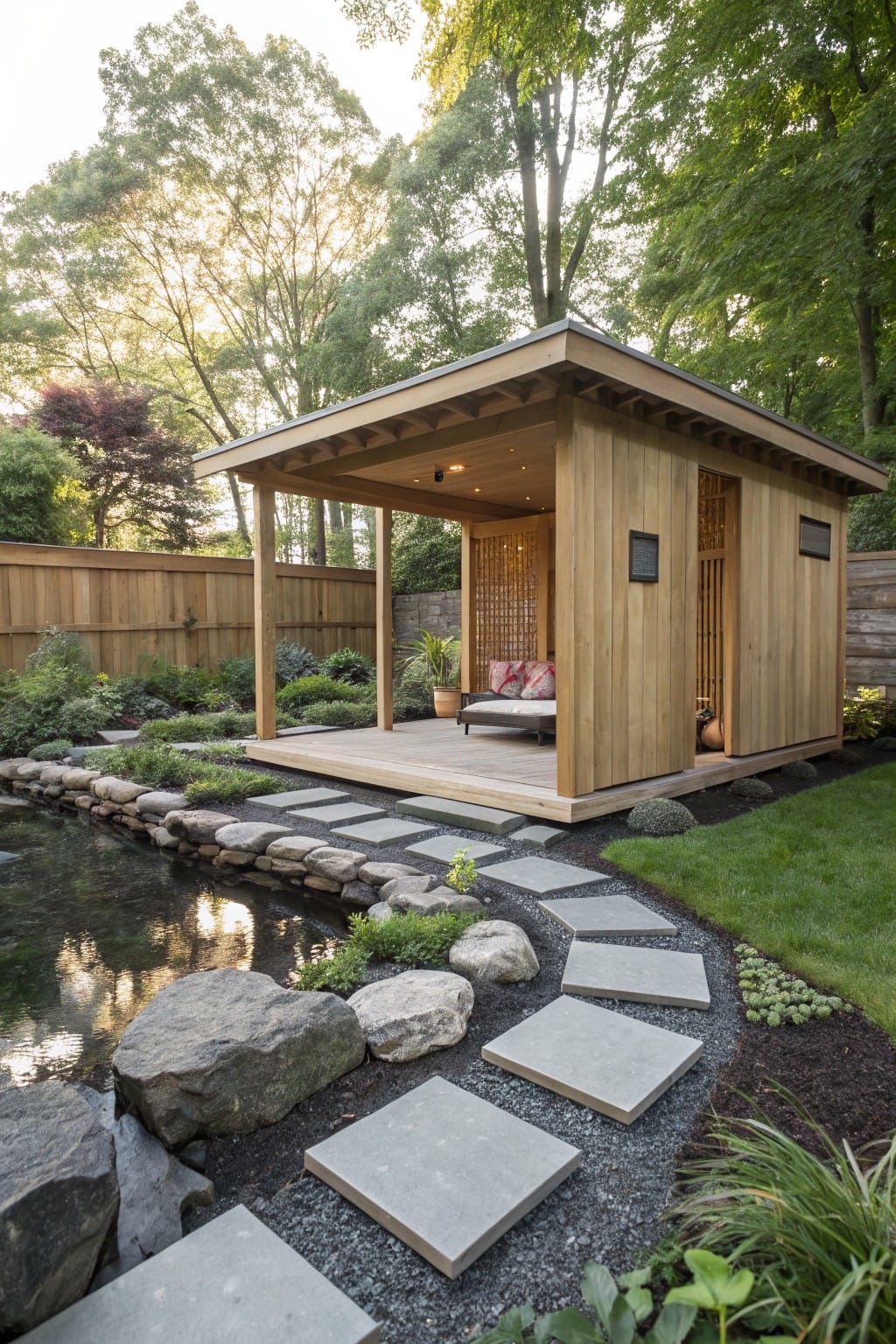 Wooden pavilion with gabled roof and open porch beside a rock-lined pond, approached by stepping stones through a garden with plants and trees.