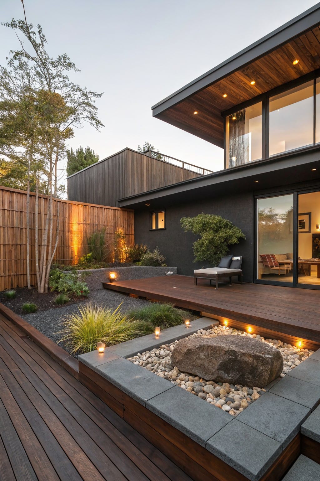 Modern backyard featuring a dark wood house with overhanging roofline, elevated wooden deck with steps, adjacent gravel zen garden containing a large boulder in a stone-edged bed, grasses, bamboo fence, and edge lighting.