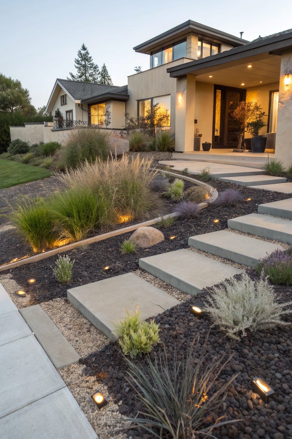 Contemporary house exterior at dusk with winding concrete steps and pavers set in dark gravel beds surrounded by ornamental grasses, lavender bushes, a large boulder, and recessed path lights.