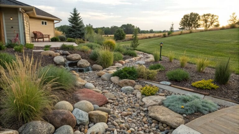 A winding dry creek bed lined with large boulders and river rocks, surrounded by ornamental grasses, perennials, and shrubs, with a wooden bench on a stone pad and rolling green hills in the background at sunset.