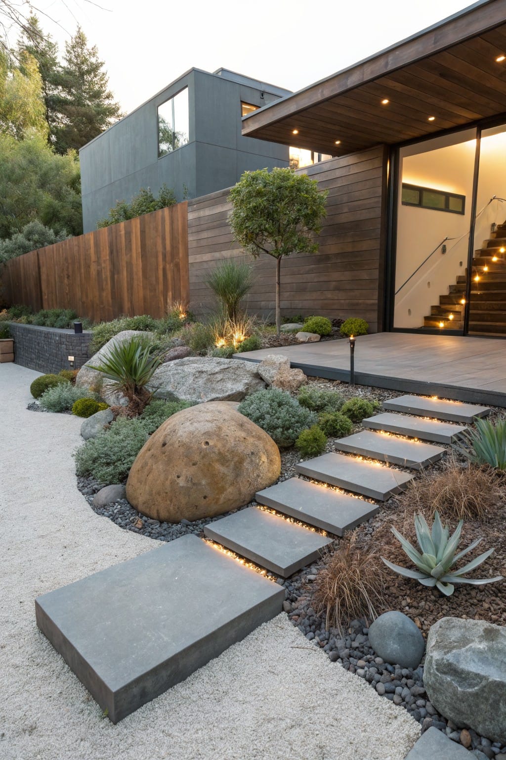 Modern house with dark wood siding and glass door entryway, approached by gravel path with large rounded boulders, succulents, grasses, and edge-lit concrete steps amid rocks and plants.
