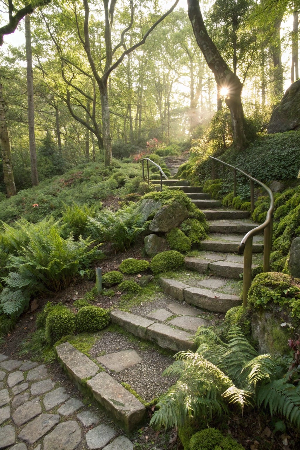 Winding moss-covered stone staircase ascending through a lush garden with ferns, boulders, greenery, and metal handrails amid trees and dappled sunlight.