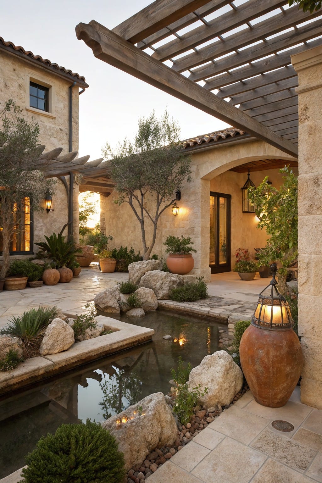 Stone-walled courtyard with a rectangular pond lined and surrounded by natural gray boulders and pebbles, olive trees, potted plants, lanterns, wooden pergola, and arched doorways in beige stucco buildings.