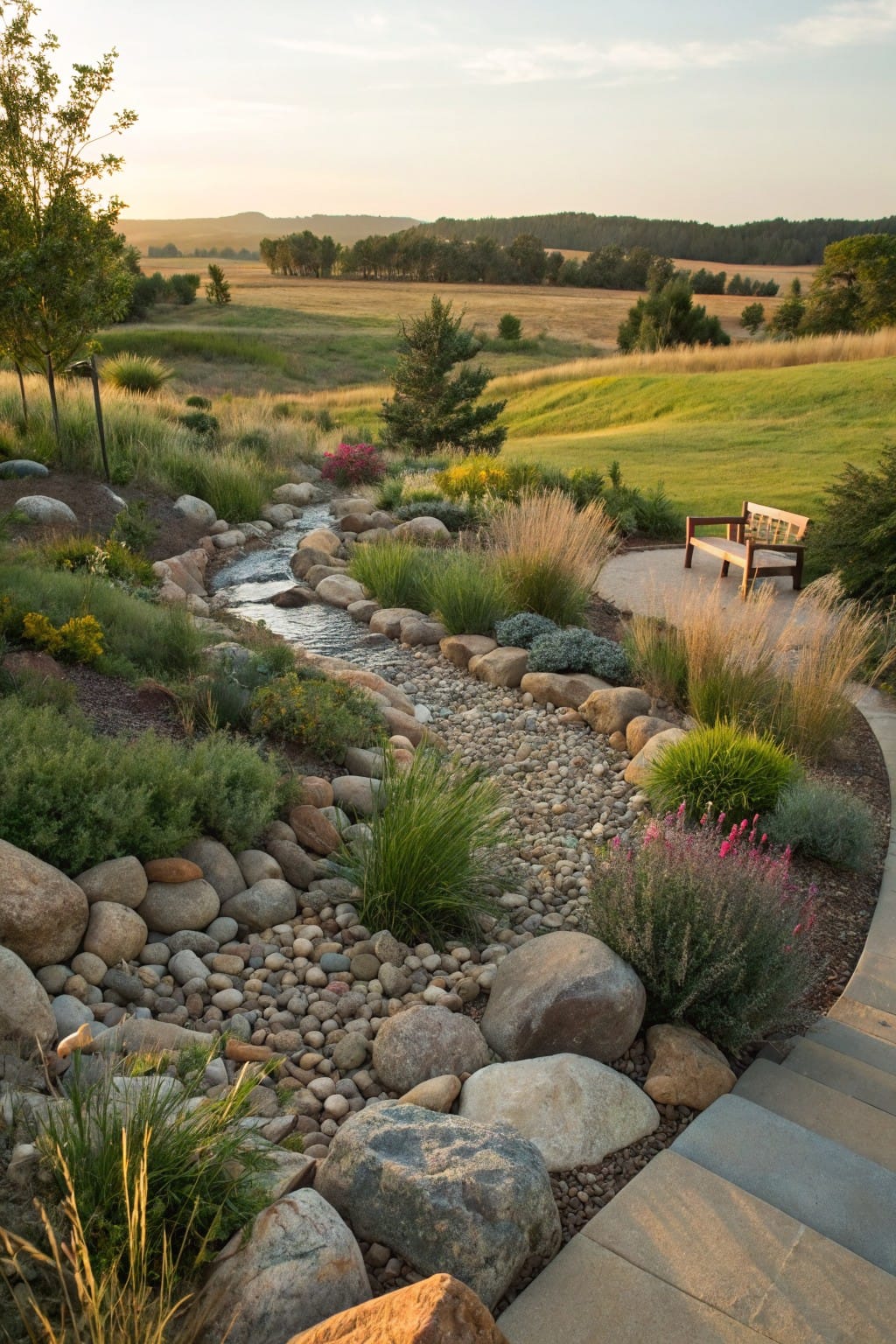 A winding dry creek bed lined with large boulders and river rocks, surrounded by ornamental grasses, perennials, and shrubs, with a wooden bench on a stone pad and rolling green hills in the background at sunset.