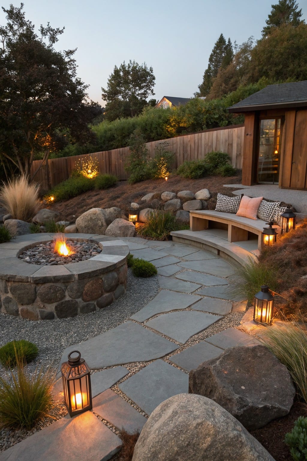 Fieldstone fire pit surrounded by large boulders, gravel, ornamental grasses, and a curved slate path leading to a cushioned wooden bench on concrete steps beside a small wooden building, lit by lanterns at dusk.