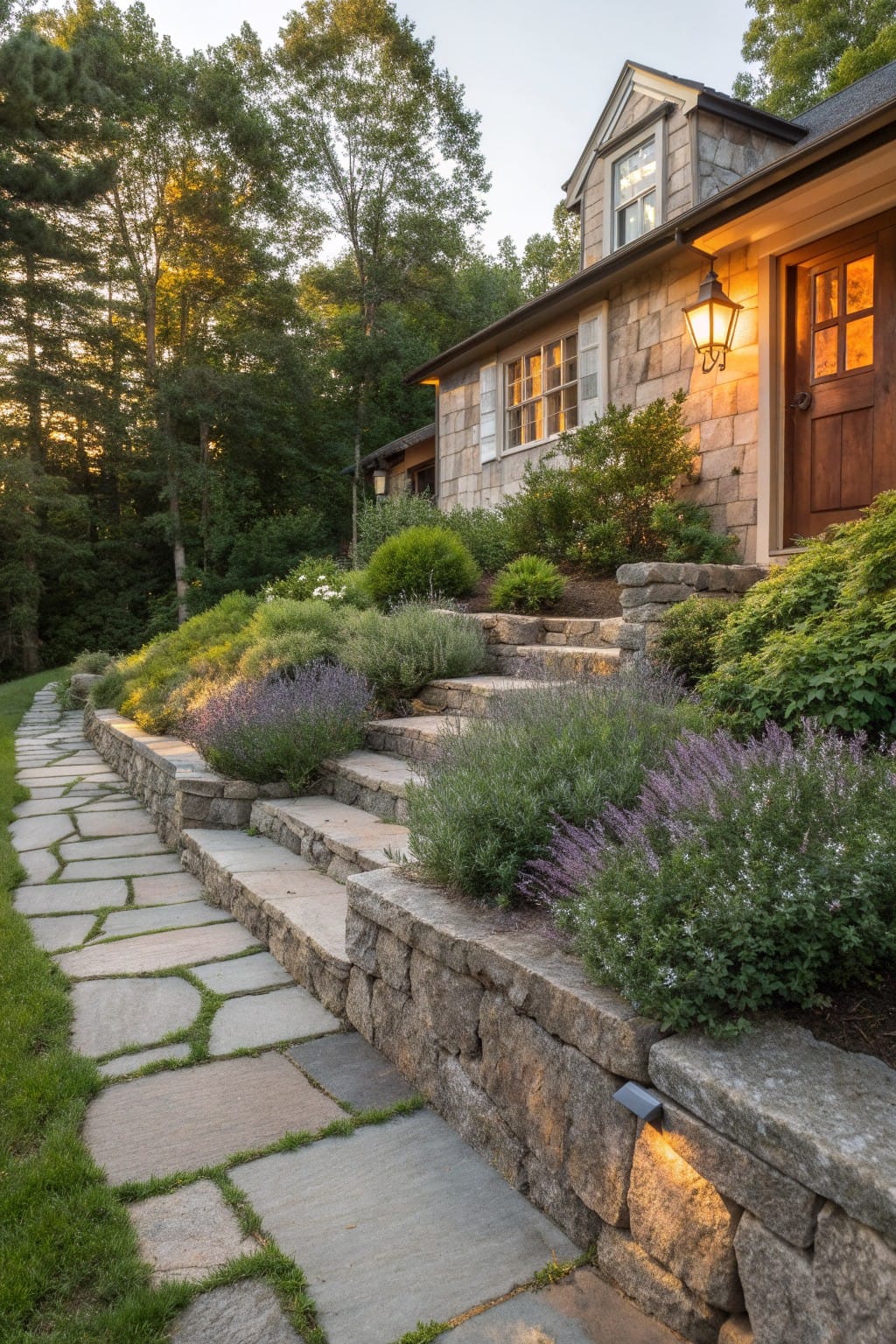 Stone house exterior with dry-stacked rock retaining walls, flagstone steps and path lined with lavender shrubs, leading to a wooden front door, surrounded by trees on a green hillside at dusk.