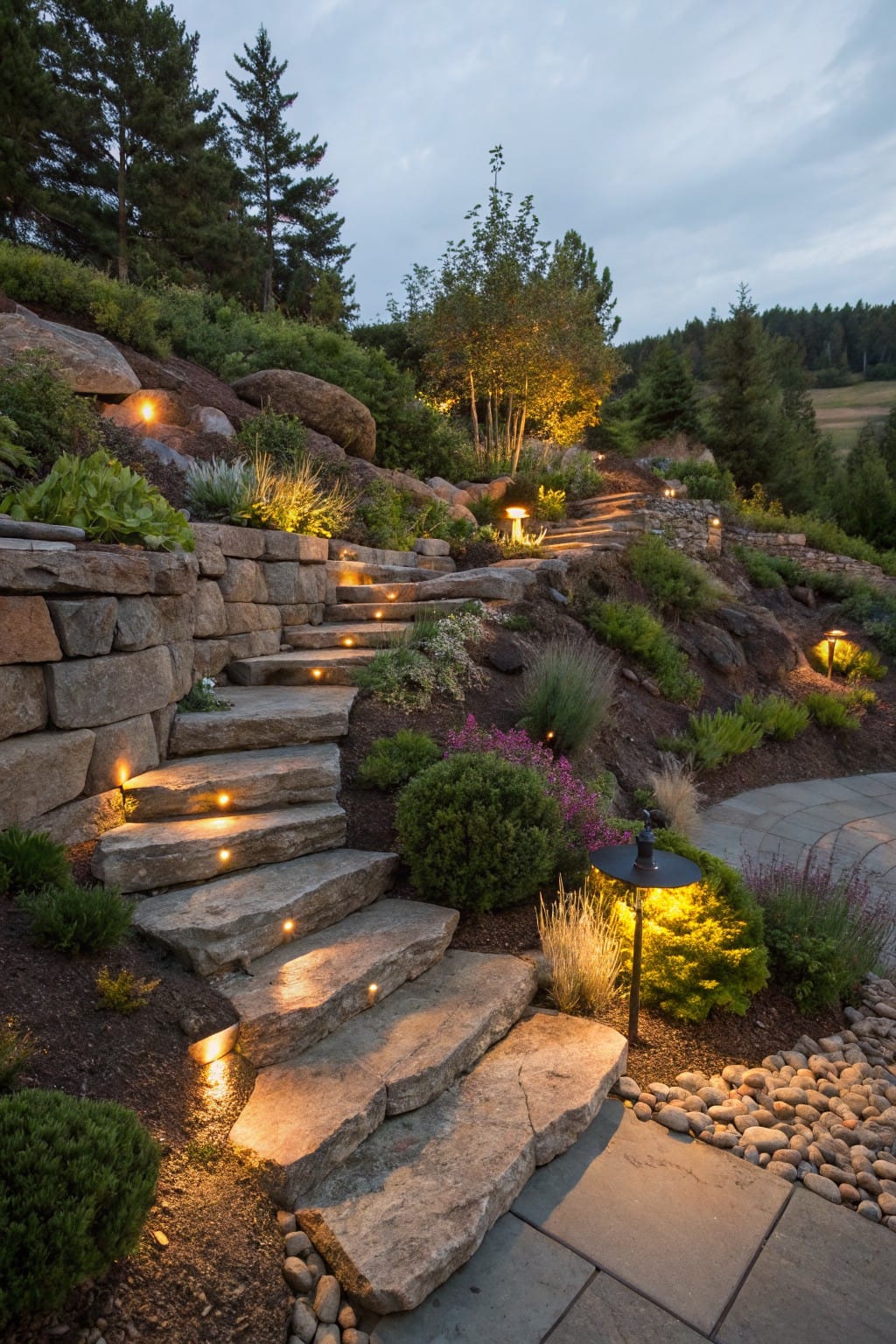 Winding irregular natural stone steps with recessed warm lights ascending a rocky hillside, bordered by stone retaining walls, shrubs, grasses, trees, and additional landscape path lights.