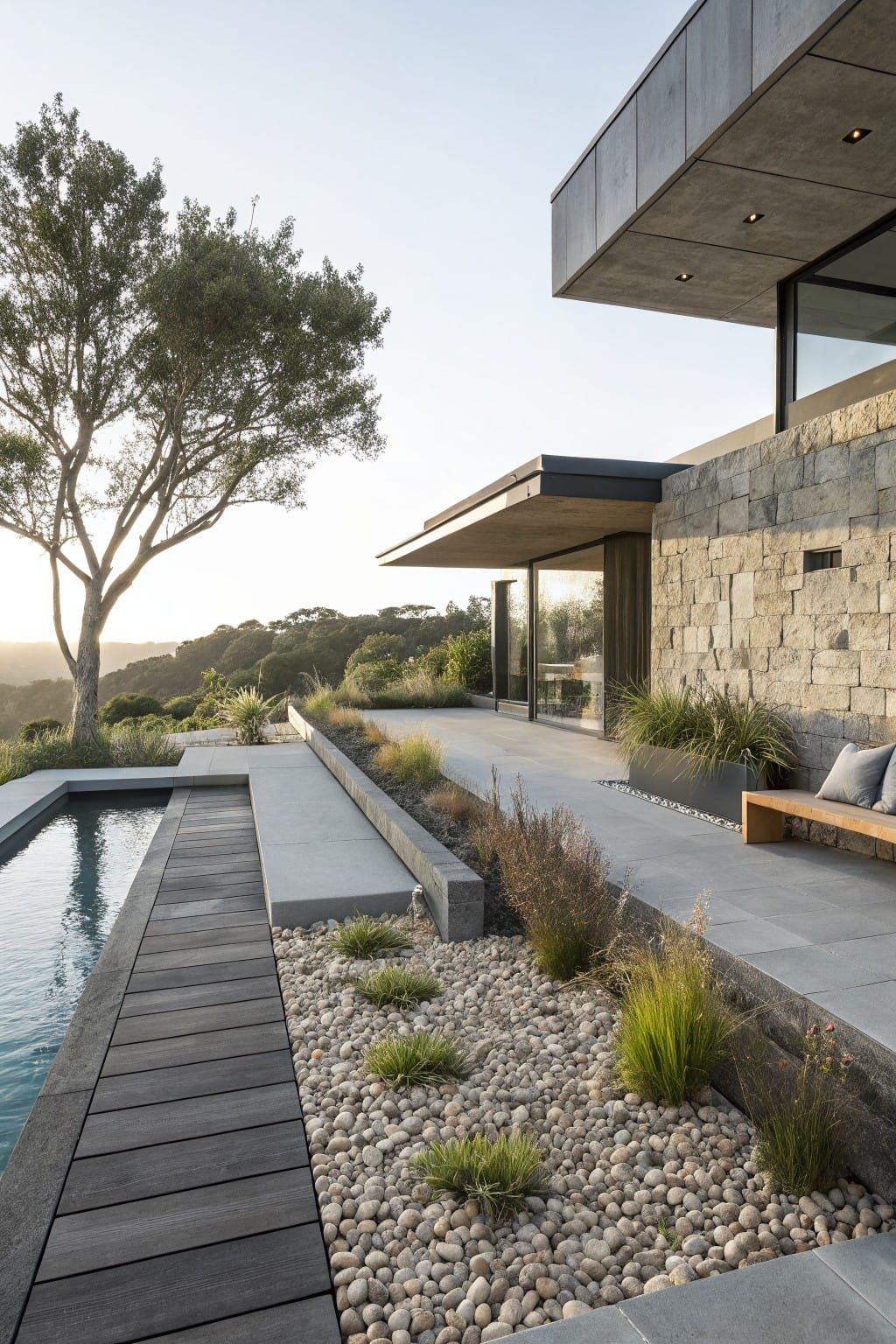 Contemporary house with gray stone walls, black metal roof overhang, large glass doors, infinity pool beside a dark wood boardwalk edged by gravel pebble beds with ornamental grasses, wooden bench on concrete terrace, trees and hills in background at sunset.
