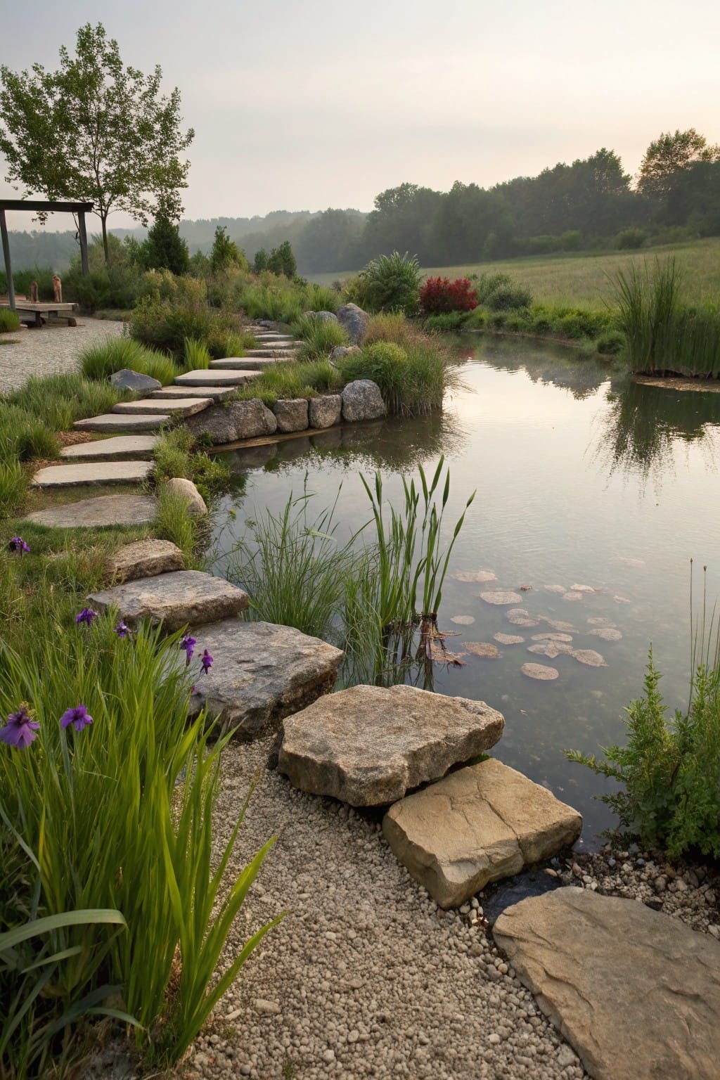 Winding path of large irregular flat stones steps across a shallow pond with water lilies, reeds, rocks, and surrounding grasses and trees in a landscaped garden.