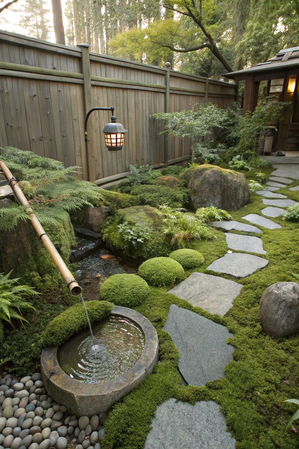 Japanese-style garden with a bamboo pole fountain pouring water into a circular stone basin surrounded by moss, pebbles, large boulders, irregular stepping stones, ferns, and other greenery against a wooden fence.