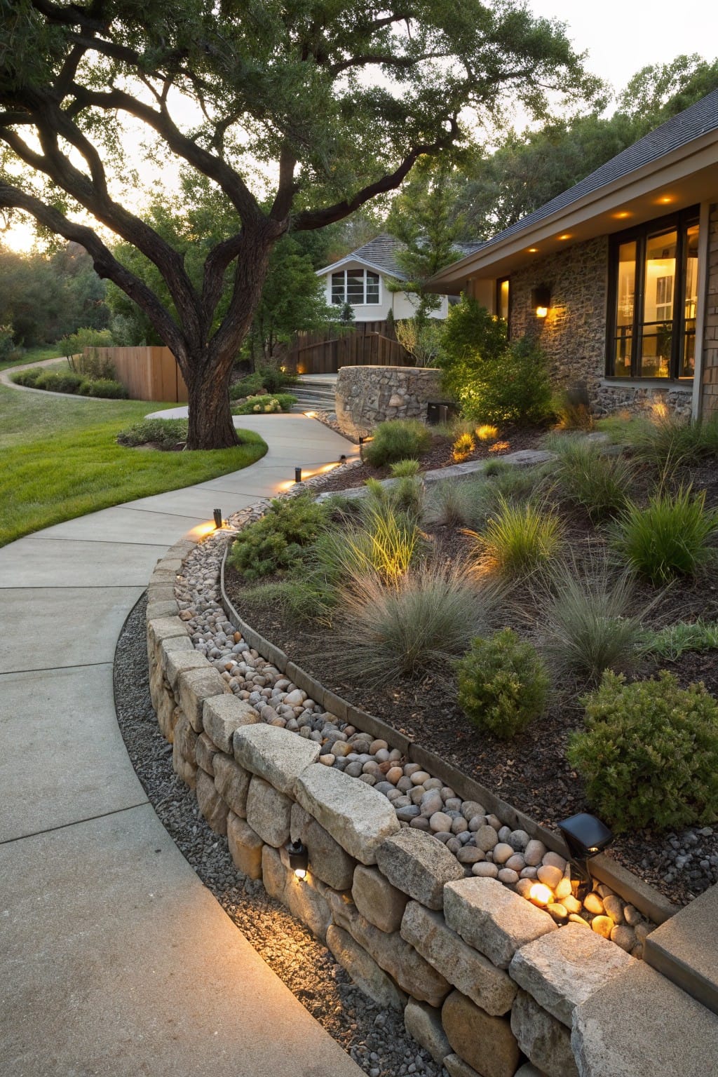 Curved concrete walkway edged by dry-stacked stone retaining walls filled with gravel and planted with ornamental grasses and shrubs, with low-voltage path lights, leading toward a house under oak trees.