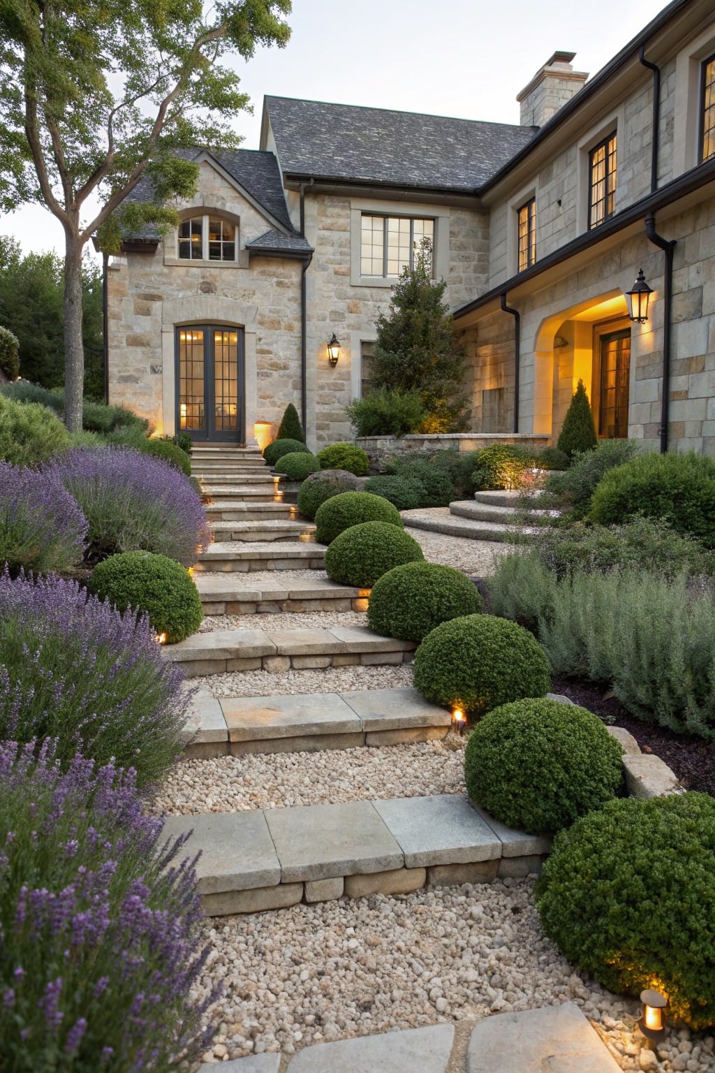 Curved stone steps and gravel path ascending to a stone house entrance, lined with lavender plants and spherical boxwood shrubs, with small ground lights along the edges.