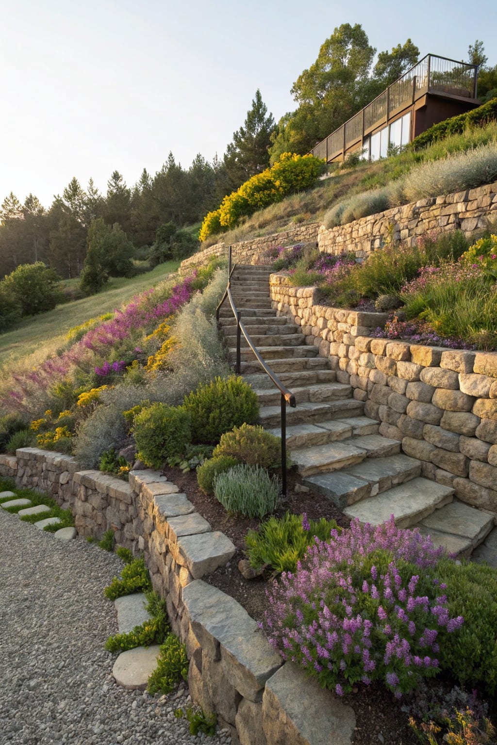 Winding stone steps with black metal railings ascend terraced dry-stacked rock walls planted with purple lavender, yellow flowers, grasses, and shrubs on a hillside leading to a modern house deck surrounded by trees.