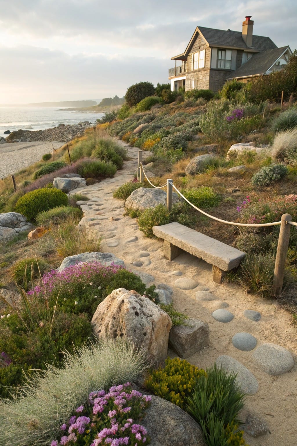Winding path of flat round stones set in sand through large boulders, native grasses, shrubs, and flowers on a coastal slope leading to a shingled house near the ocean at sunset.