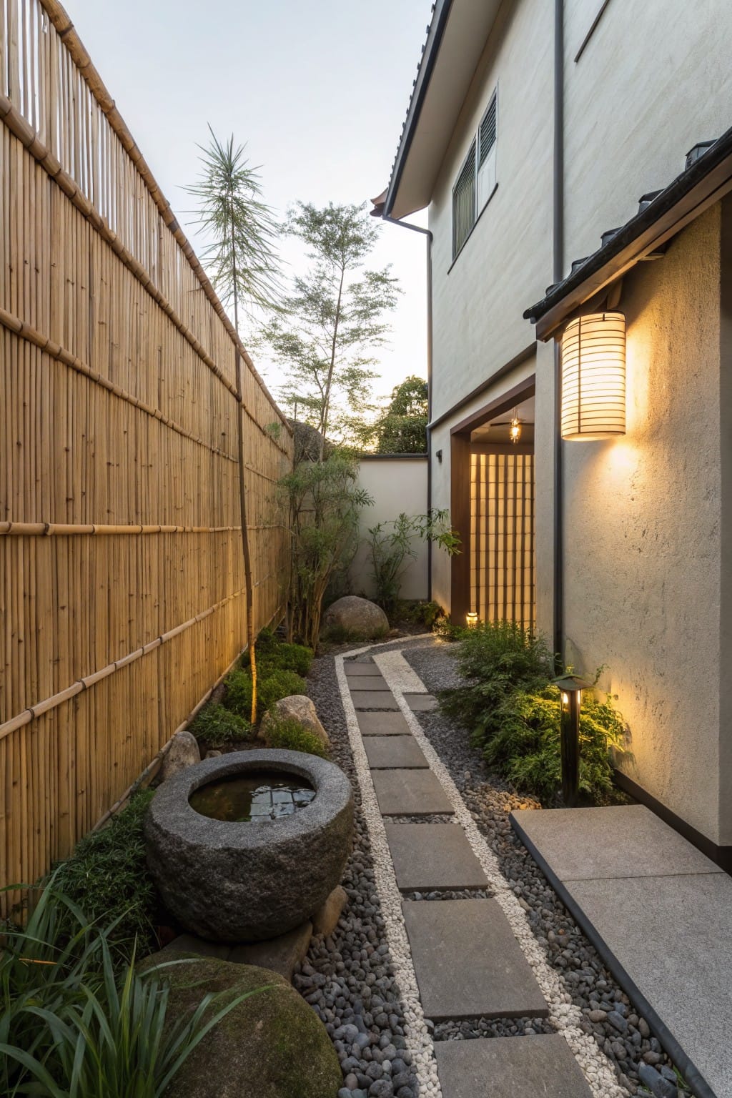 Narrow garden path to a Japanese-style home entrance, lined with tall vertical bamboo fencing on one side, featuring stepping stones, gravel ground cover, a stone water basin, plants, and wall lanterns.