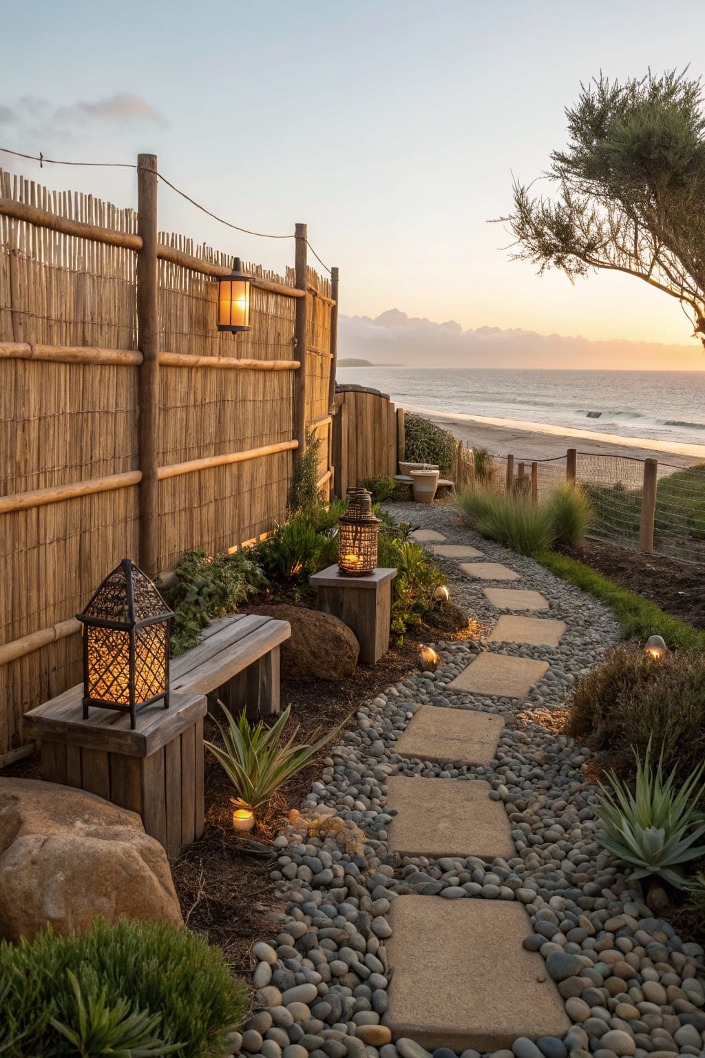 Tall bamboo panel fencing borders a garden pathway made of stepping stones and gravel, with lanterns, a wooden bench, boulders, agave plants, and beach dunes visible beyond.