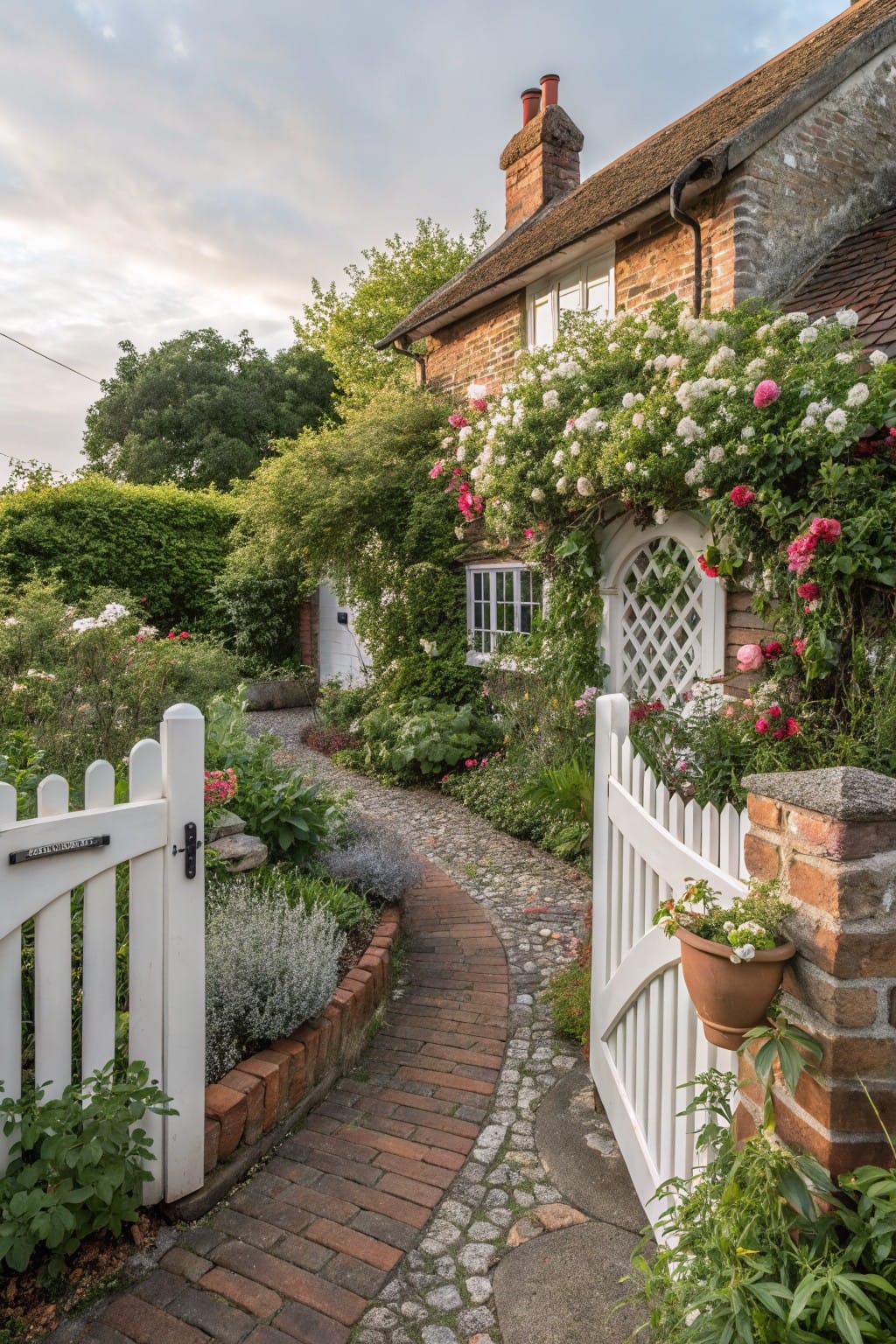 White picket fence with arched gate covered in pink and white climbing roses leads to a brick cottage house surrounded by lush green garden plants and a curved brick pathway.
