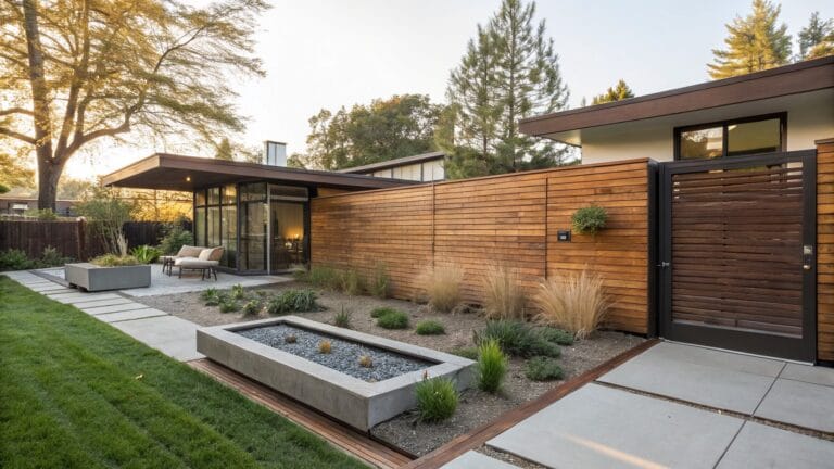 19 Smart Garden Fence Ideas For Better Privacy And Style Backyard patio featuring a horizontal slatted wood fence enclosing a bench seat, raised planters with grasses, pebble ground with water bowl, stepping stones, and glass entry doors on a modern house.