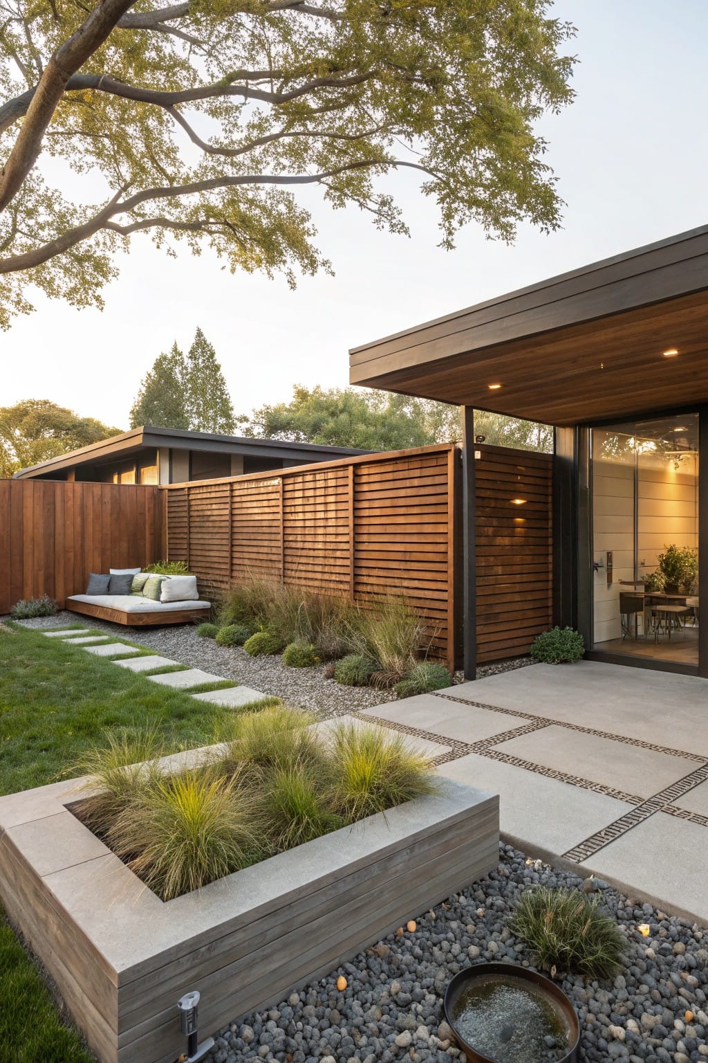 Backyard patio featuring a horizontal slatted wood fence enclosing a bench seat, raised planters with grasses, pebble ground with water bowl, stepping stones, and glass entry doors on a modern house.