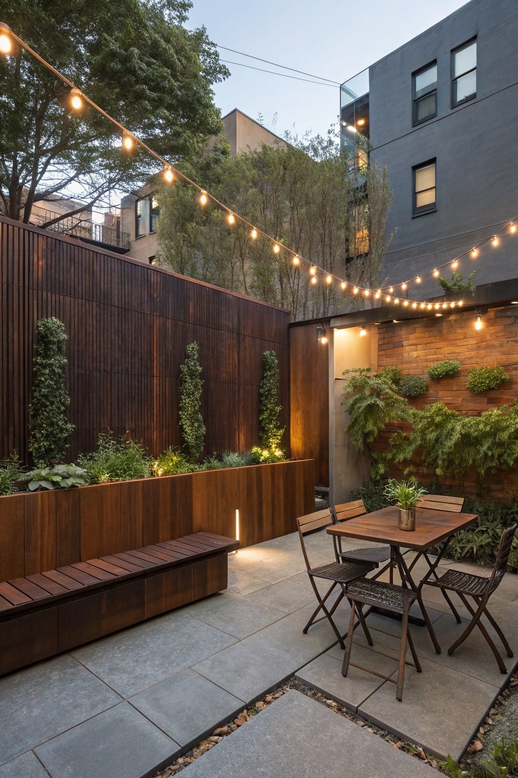Backyard patio area with tall horizontal dark wood slat fence, wooden planter bench, small wood table and chairs, string lights overhead, plants, and brick wall nearby.