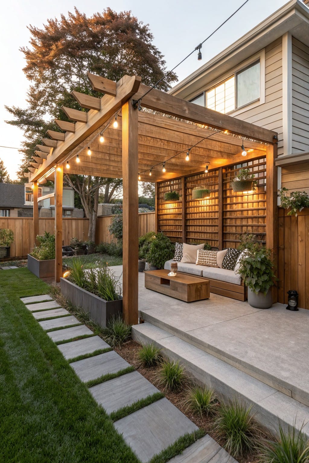 Wooden pergola with lattice side panels enclosing a concrete patio with built-in bench seating, string lights, potted plants, and a stone pathway from the lawn.