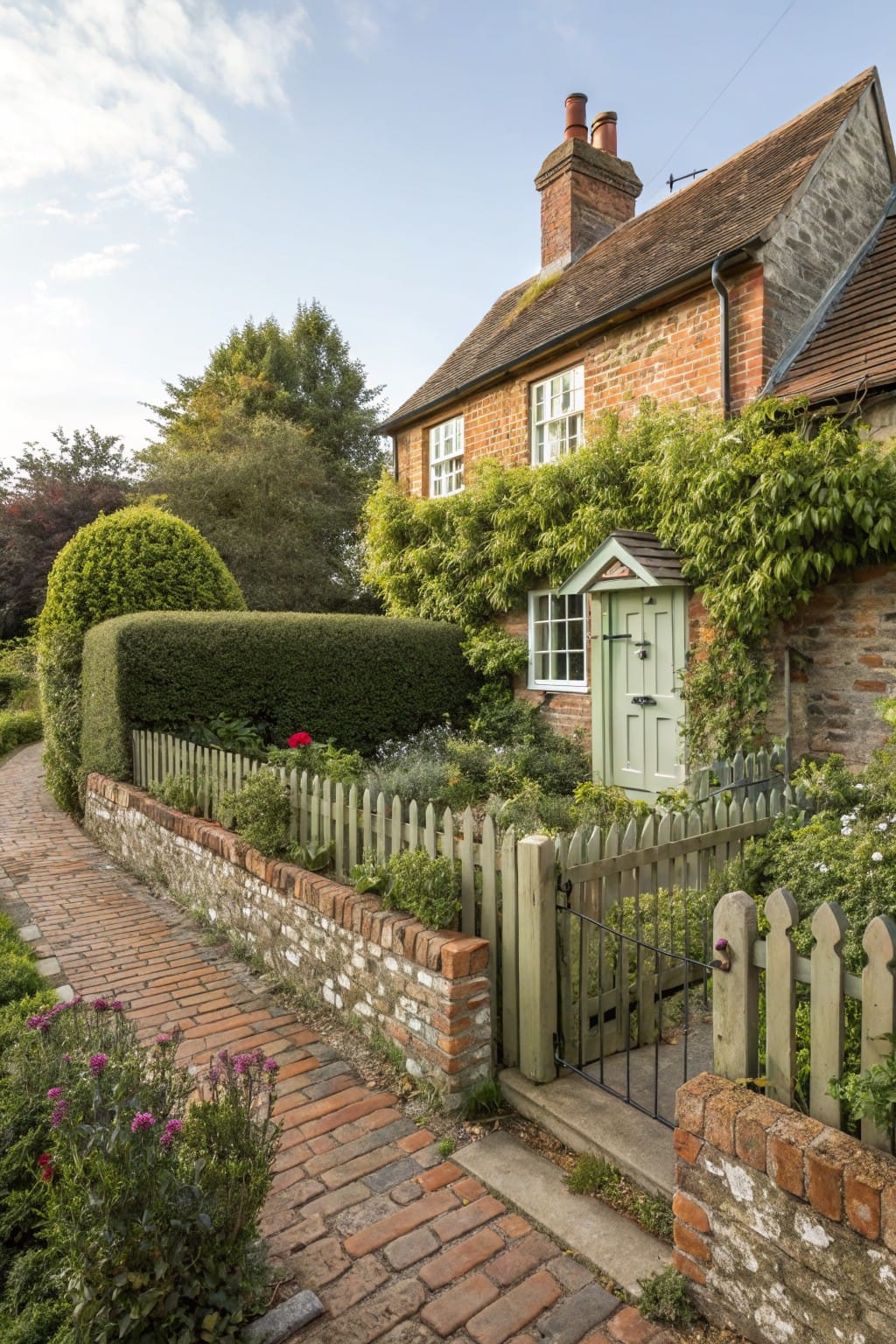 White picket fence with gate enclosing a lush garden beside a brick cottage house with green door, ivy on walls, hedges, and brick pathway.