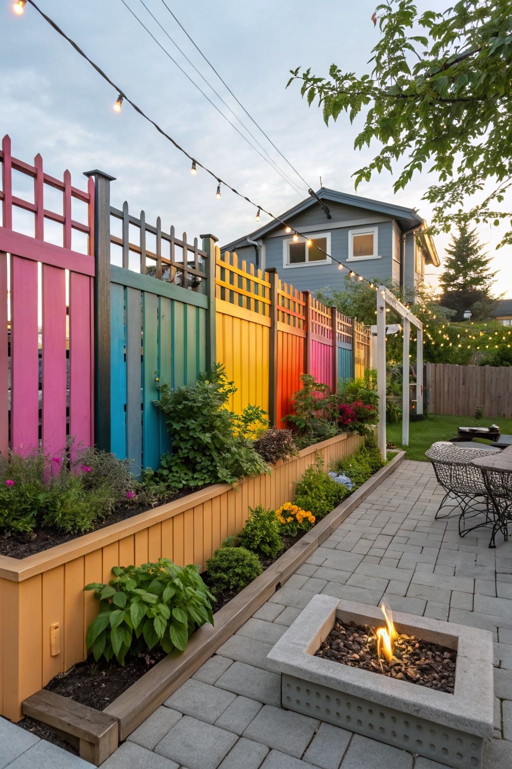 Backyard fence with wooden picket panels painted in rainbow colors from pink to red, next to raised garden beds, a stone fire pit, patio chairs, and string lights overhead.