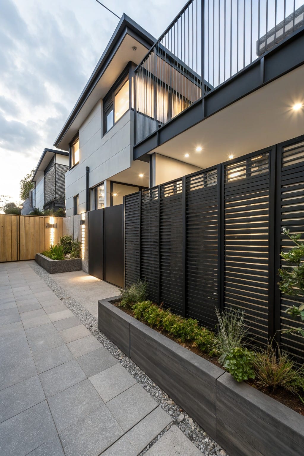 Side exterior of a modern two-story home with black horizontal slat fences along a paved stone pathway, flanked by timber planter boxes with low greenery and an entry gate.