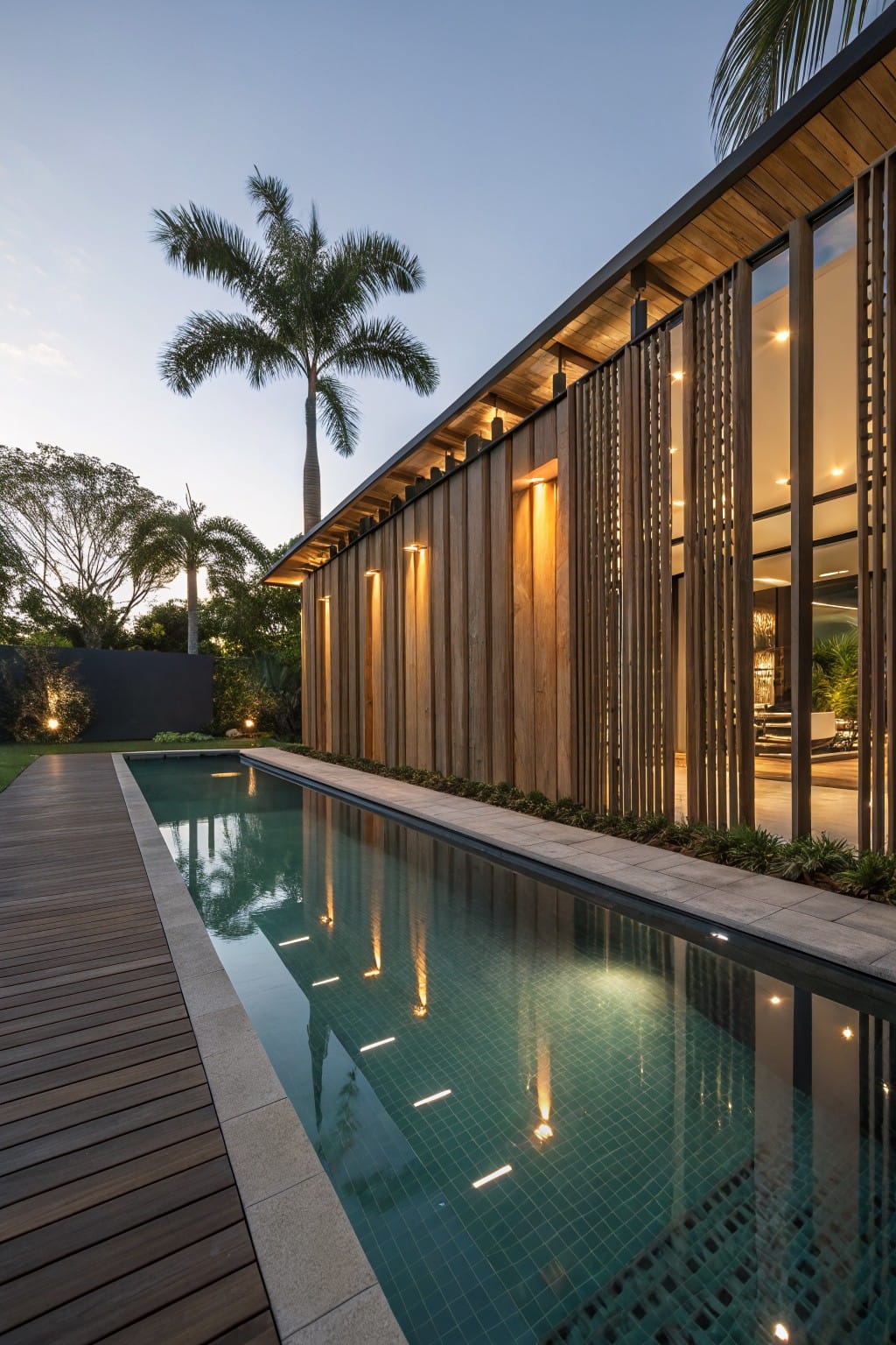Side exterior of a modern tropical house with vertical wooden slats on the walls beside a long rectangular pool, wooden deck, lush plants, palm trees, and dusk lighting.