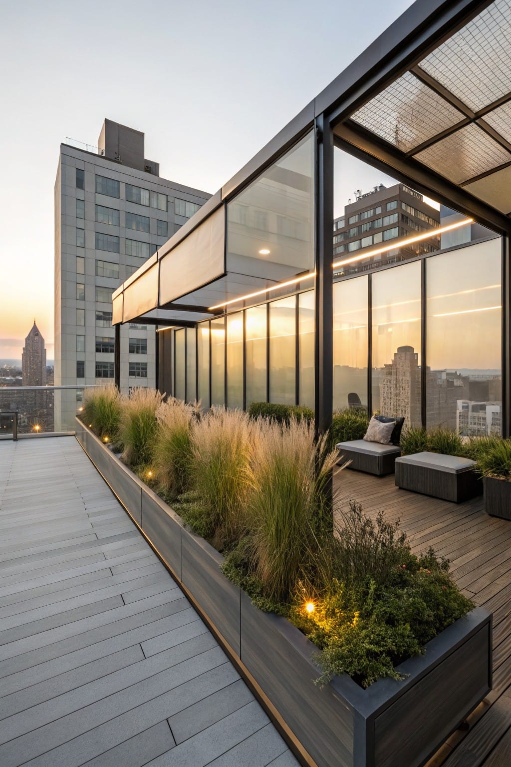 Rooftop terrace with linear raised planters of tall ornamental grasses along the edge, black metal-framed glass enclosure, low modern seating, wooden deck area, and city buildings at sunset.