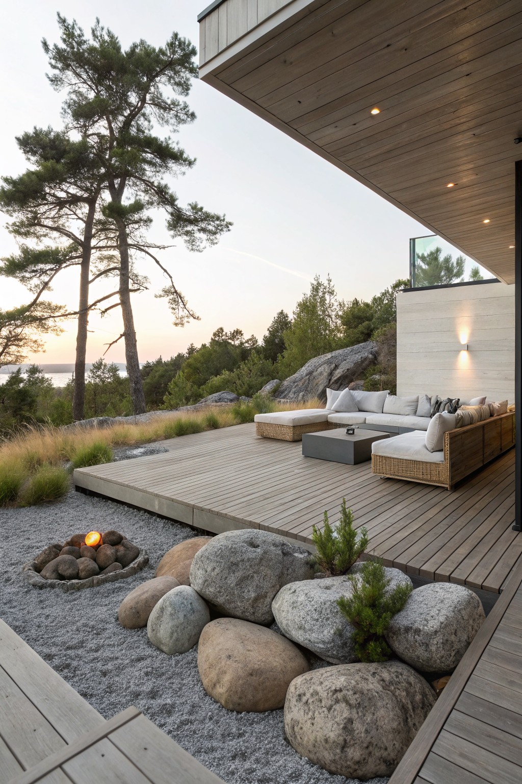 Wooden deck with beige outdoor sofa and low table extending from a modern house, bordered by gravel bed with large boulders, small plants, and a fire pit containing orange flames, surrounded by pine trees and rocky shoreline.