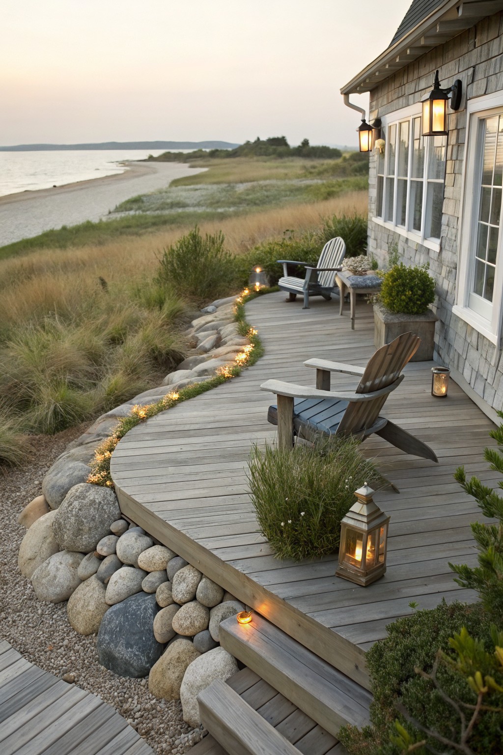 Curved wooden deck elevated on a slope, bordered by large stacked boulders and beach grasses, with Adirondack chairs, lanterns, and string lights, overlooking sand dunes and water at dusk.
