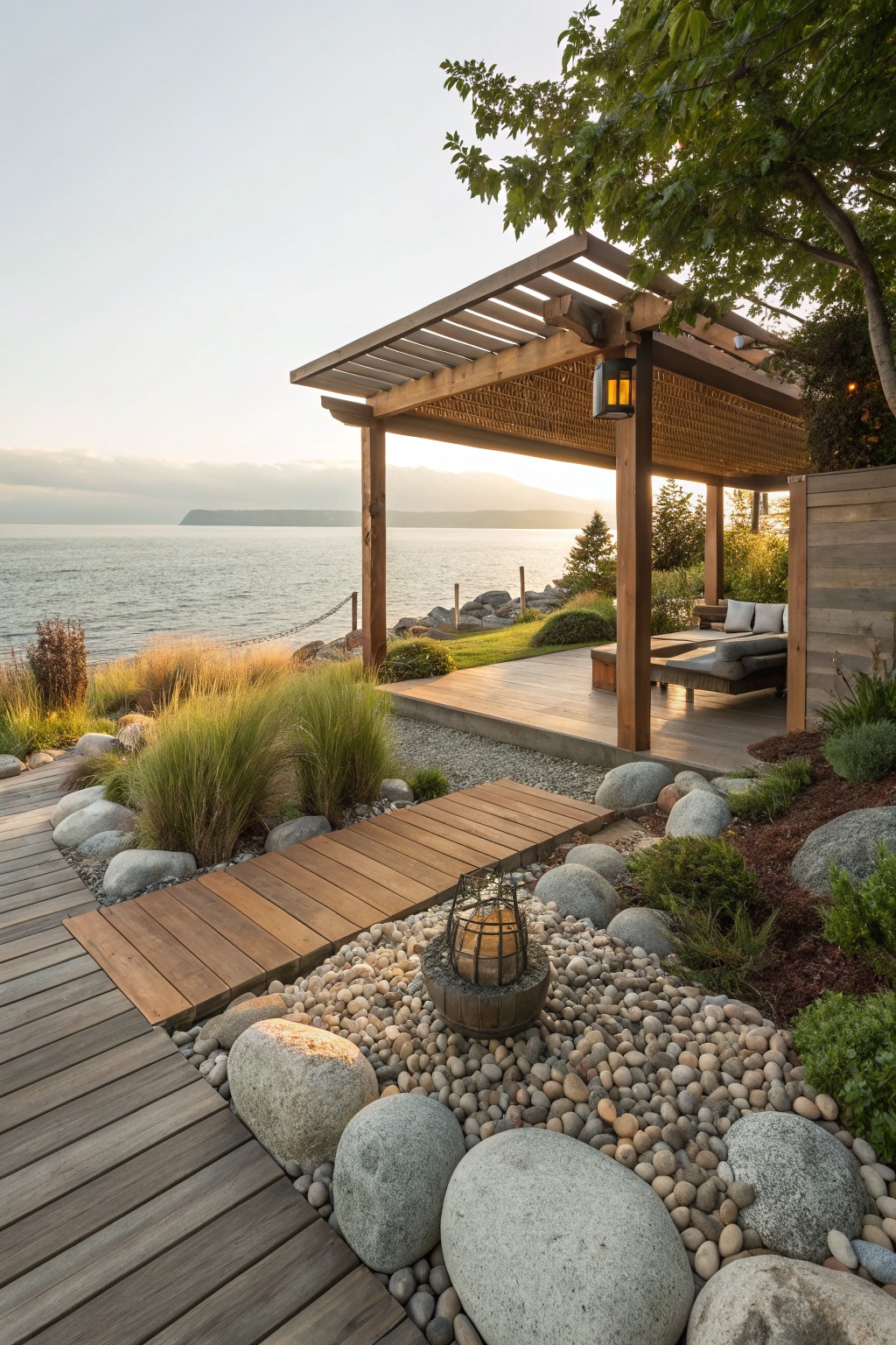 Wooden deck with pergola and lounge seating overlooking the ocean, connected by a boardwalk path through landscaping of large boulders, pebbles, gravel, grasses, and shrubs at sunset.