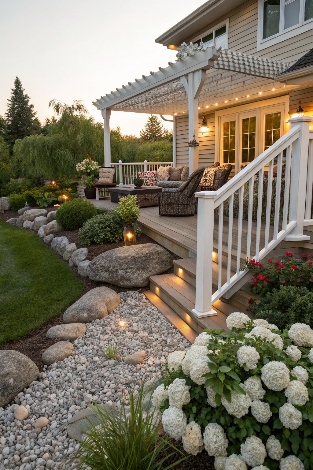 Deck with pergola and stairs descending to a landscaped border of large boulders, pebbles, plants, and grass lawn edged by rocks.