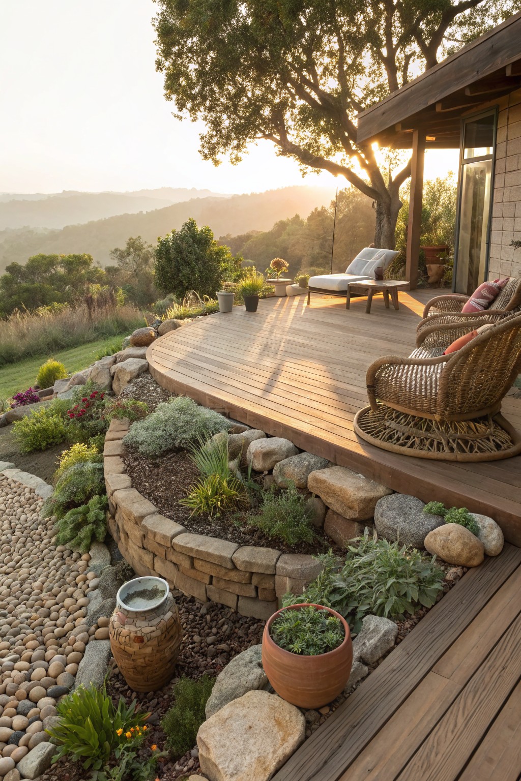 Wooden deck curving around a hillside home at sunset, edged by curved stone retaining walls with gravel, plants, and boulders below.