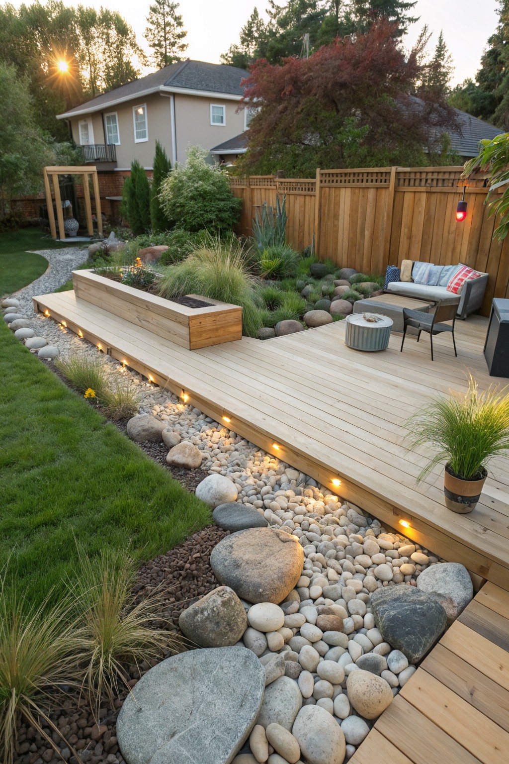 Wooden deck with built-in bench and planter alongside a lawn, edged by white pebbles, gray boulders, ornamental grasses, and under-deck lighting, with outdoor seating, backyard fence, and trees in the background.