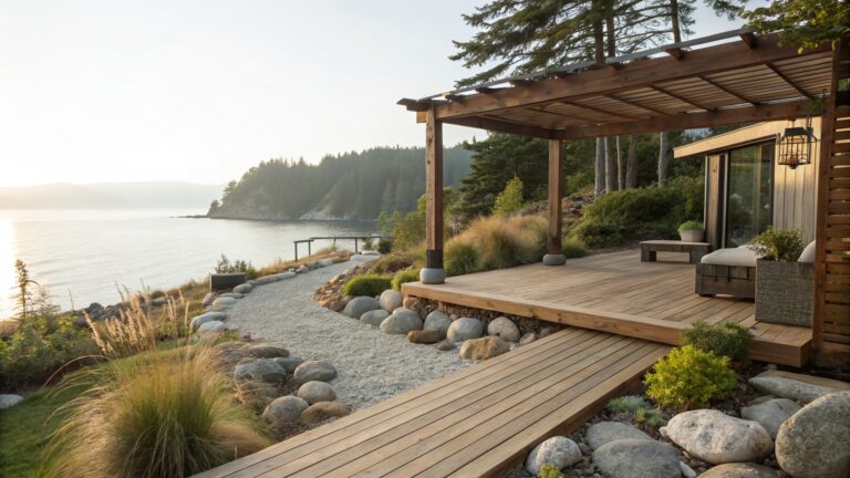 Wooden deck with pergola and lounge seating overlooking the ocean, connected by a boardwalk path through landscaping of large boulders, pebbles, gravel, grasses, and shrubs at sunset.