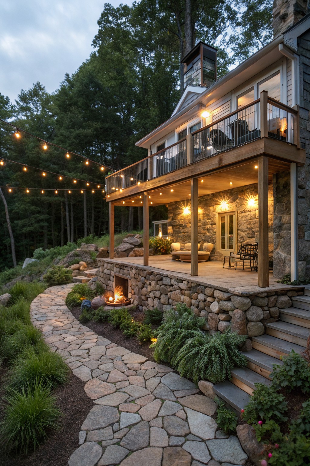 Wooden deck on stone retaining walls with built-in round stone fire pit at base, flagstone path winding through plants up to deck steps, surrounded by trees and string lights at dusk