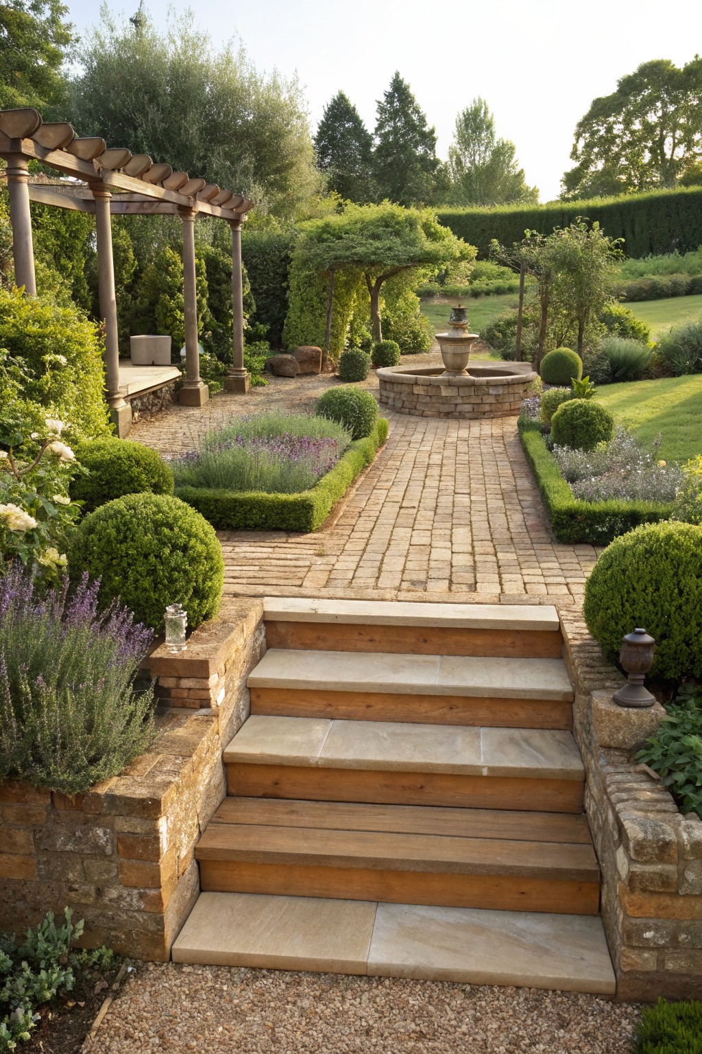Formal garden with central brick path flanked by boxwood spheres and lavender beds leading to stone-supported wooden steps, stone fountain ahead, pergola in background, and gravel areas in foreground.