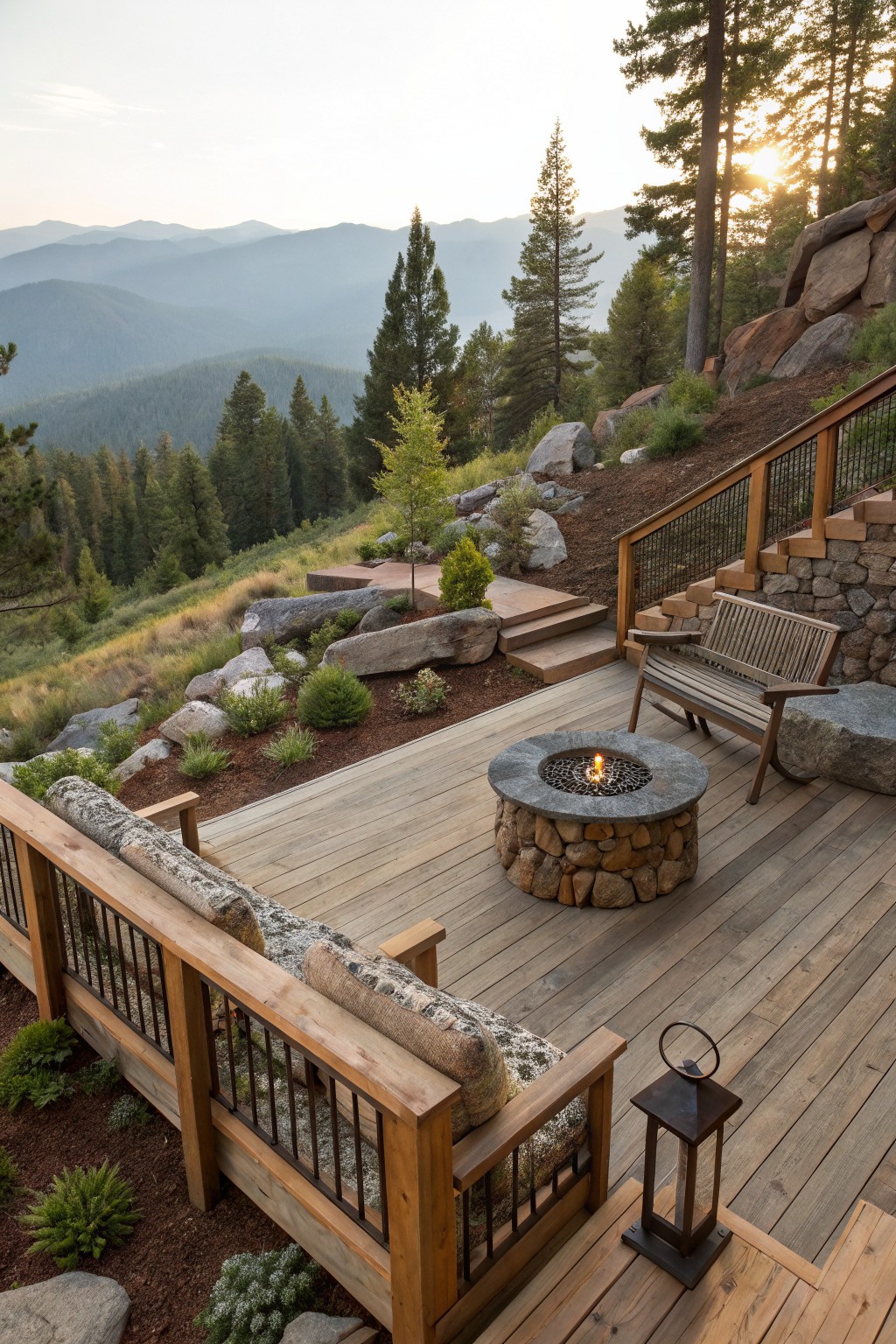Wooden deck on a hillside with cushioned bench seating, circular stone fire pit, wooden bench, lantern, surrounded by large boulders, plants, rock walls, and stairs, overlooking forested mountains at sunset.