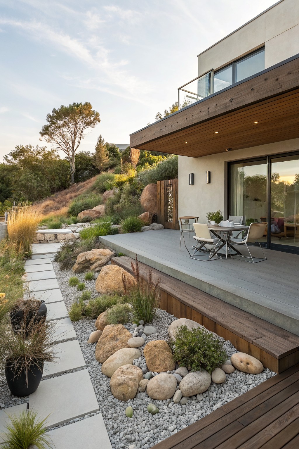 Modern wood and composite deck with white outdoor dining table and chairs, bordered by large boulders, gravel mulch, concrete paver path, ornamental grasses, and potted plants leading to a stucco house on a hillside.